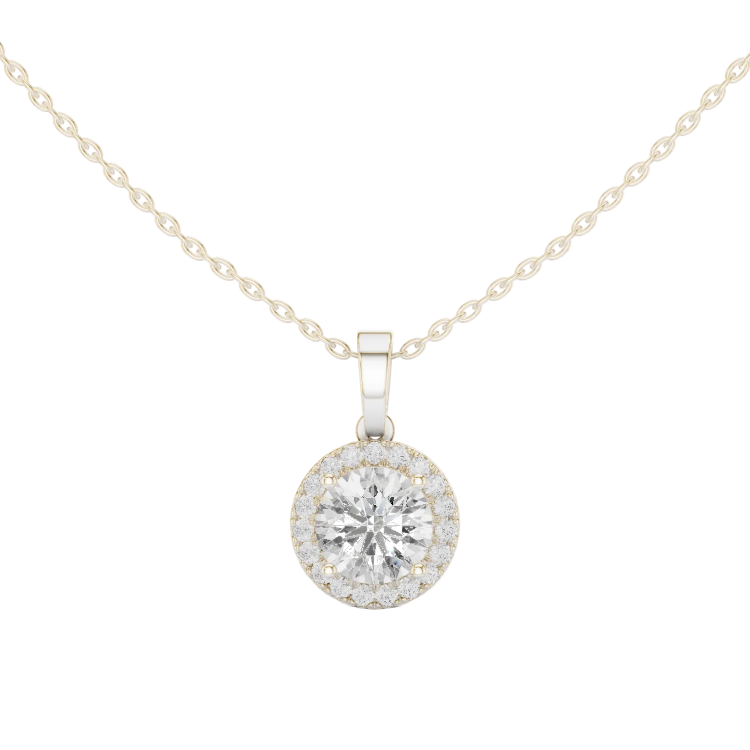 Minimal round halo diamond pendant in gold with lab grown diamonds by Signora Jewels