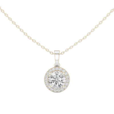 Minimal round halo diamond pendant in gold with lab grown diamonds by Signora Jewels
