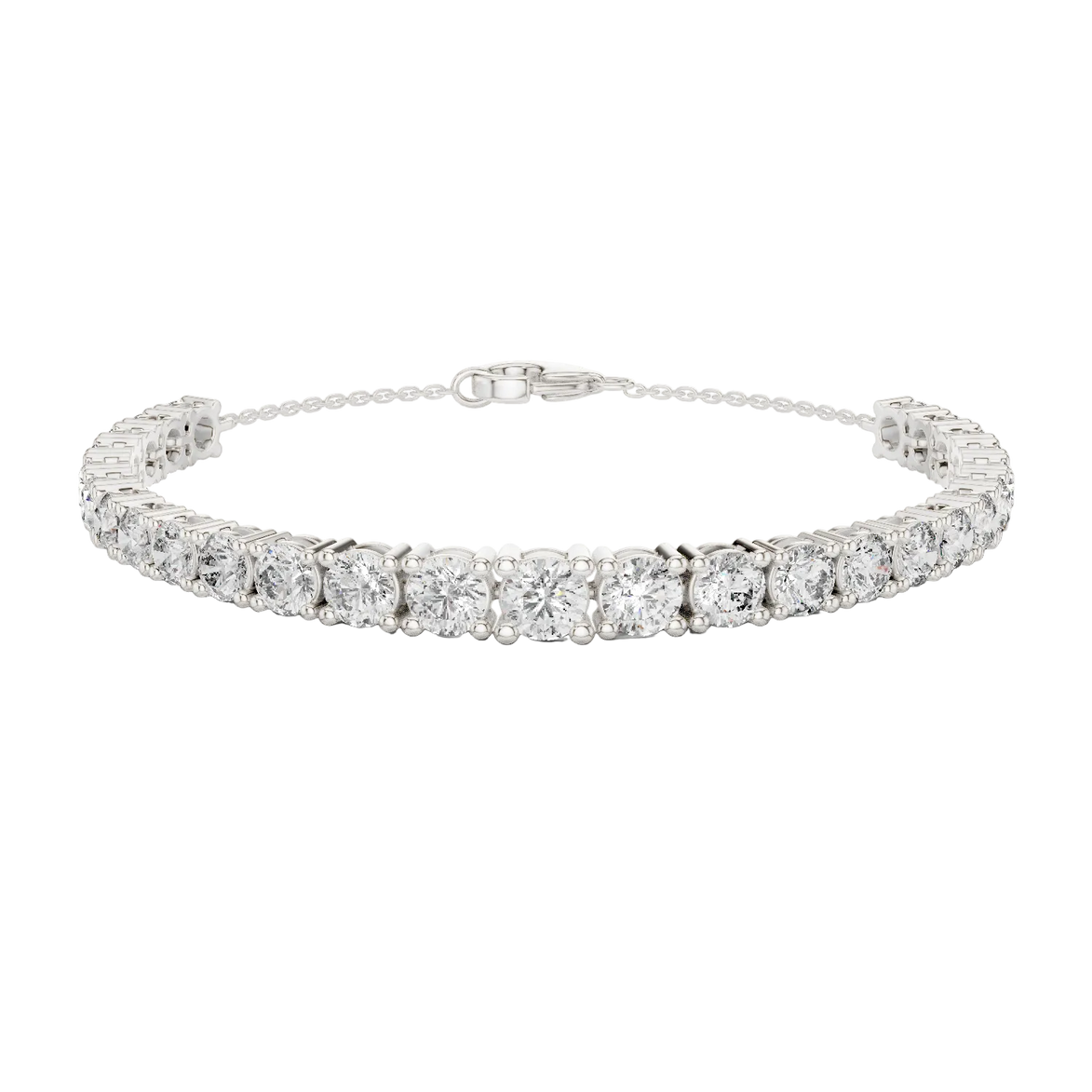 Graduated lab grown diamond tennis bracelet in yellow gold white gold and rose gold with round brilliant diamond design