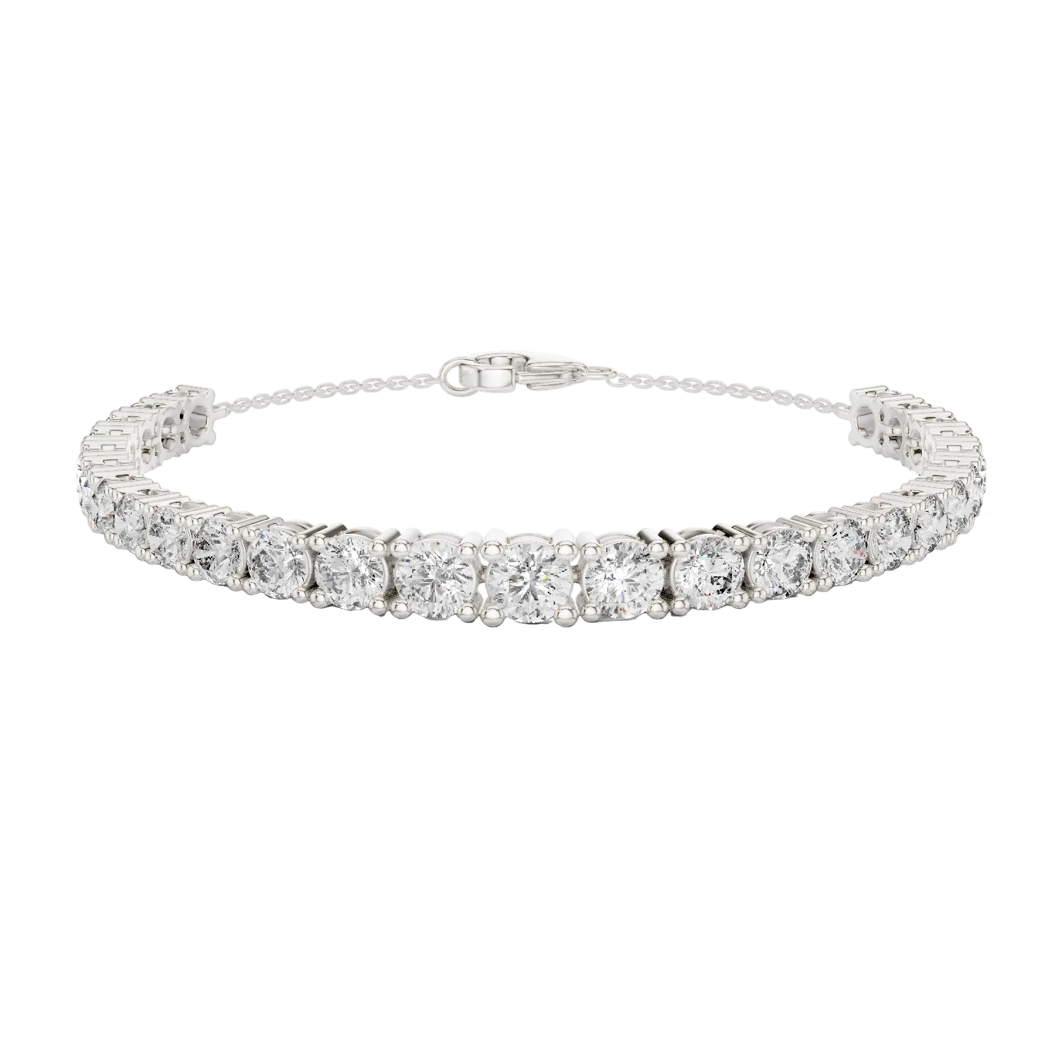 Graduated lab grown diamond tennis bracelet in yellow gold white gold and rose gold with round brilliant diamond design