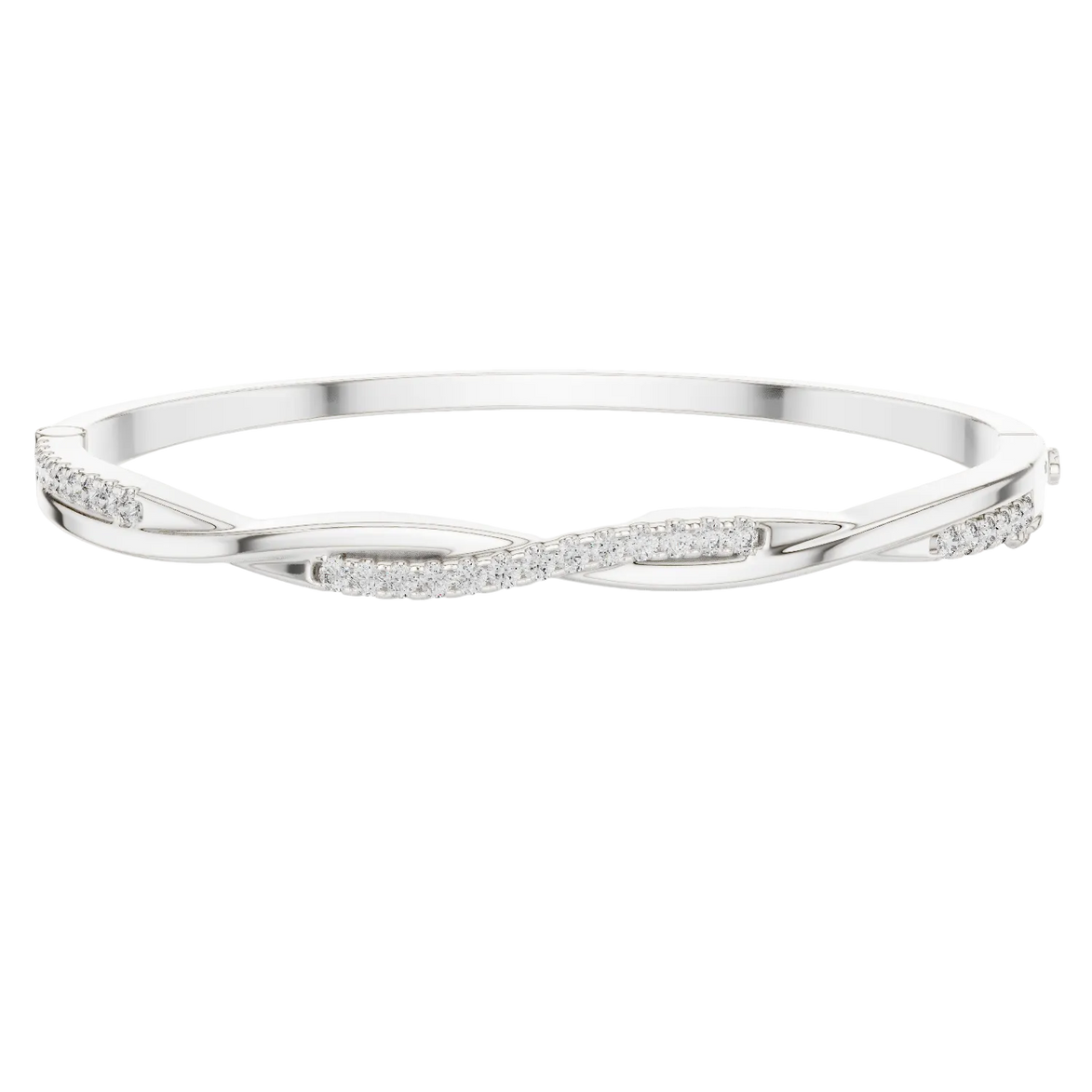 Twisted lab grown diamond bangle bracelet in yellow gold white gold and rose gold with modern crossover diamond design