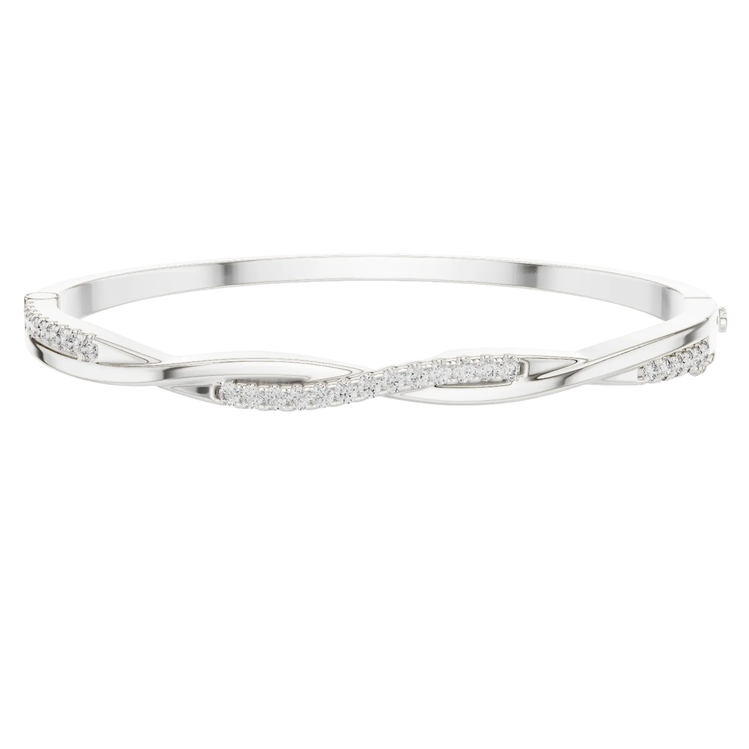 Twisted lab grown diamond bangle bracelet in yellow gold white gold and rose gold with modern crossover diamond design