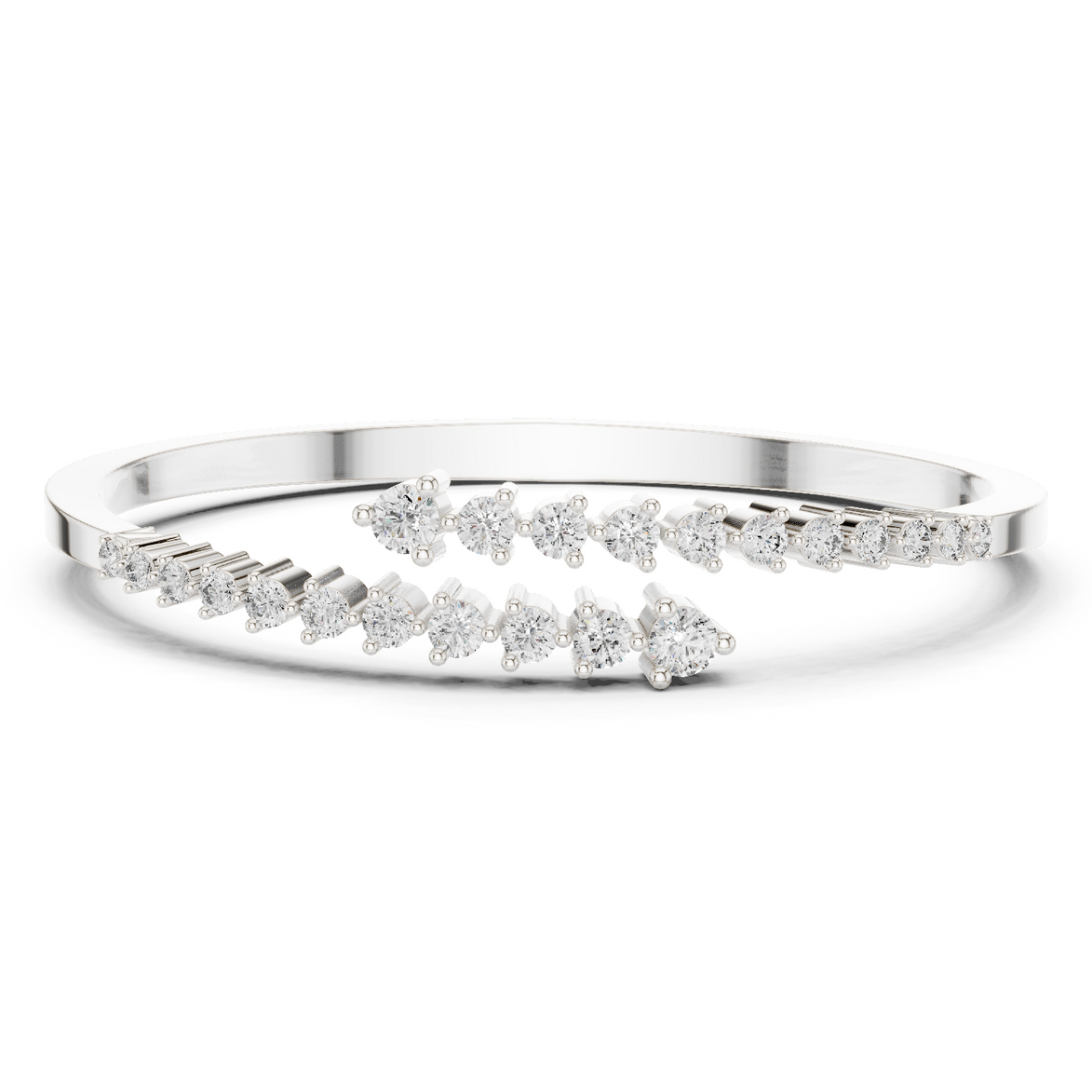 Graduated round lab grown diamond open cuff bracelet with flowing diamond design in yellow white and rose gold
