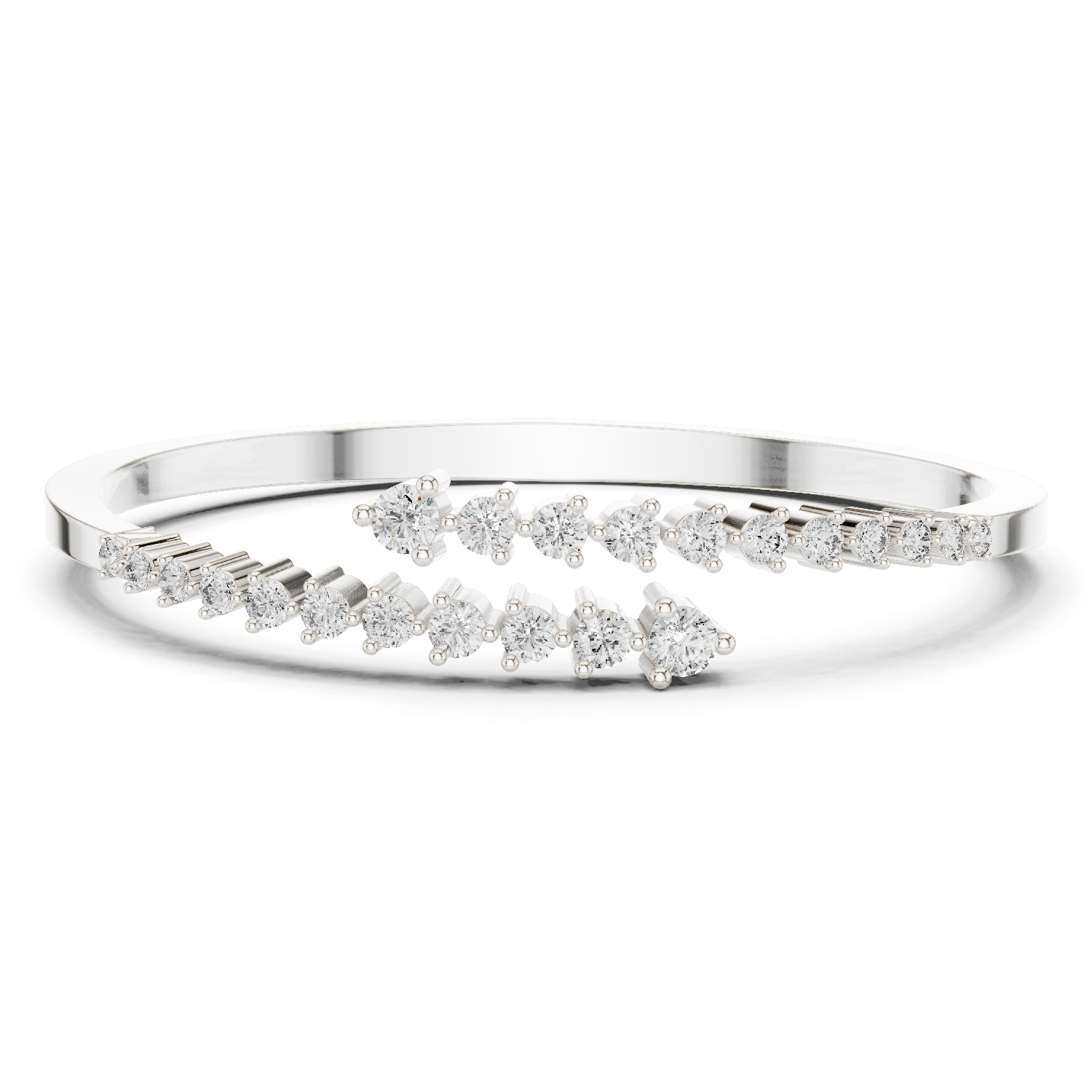 Graduated round lab grown diamond open cuff bracelet with flowing diamond design in yellow white and rose gold