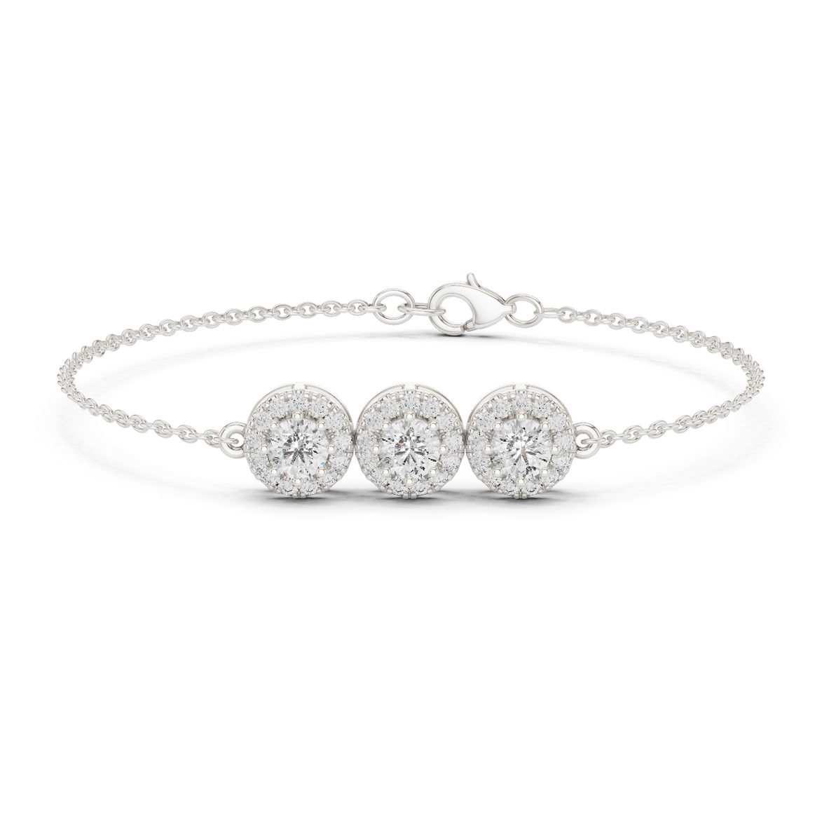 Vintage halo style lab grown diamond bracelet connector with round center diamonds and halo detailing in yellow white and rose gold