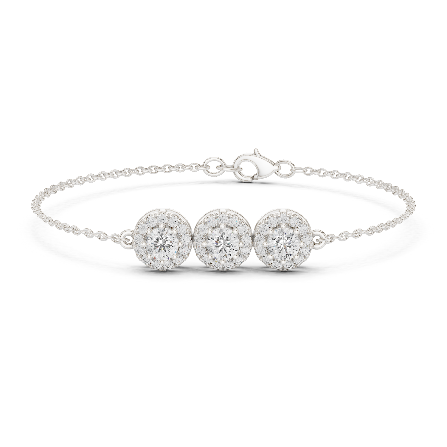 Vintage halo style lab grown diamond bracelet connector with round center diamonds and halo detailing in yellow white and rose gold