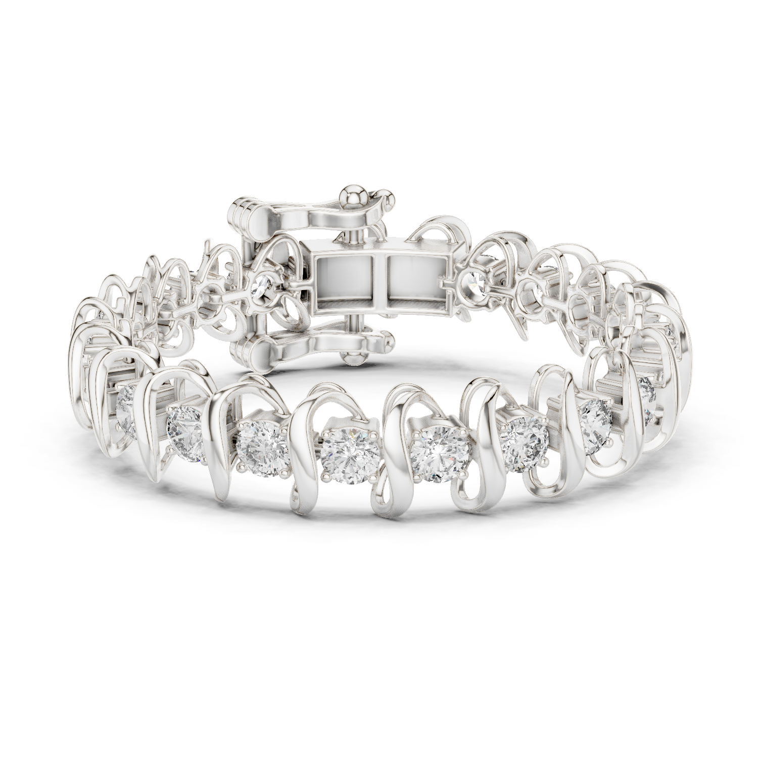 Bold link style lab grown diamond bracelet with large round cut diamonds in yellow white and rose gold