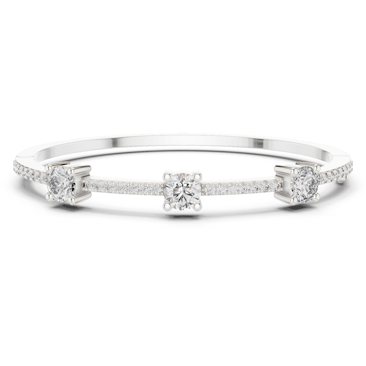 Elegant three stone round diamond bangle bracelet in gold with pavé accent diamonds by Signora Jewels