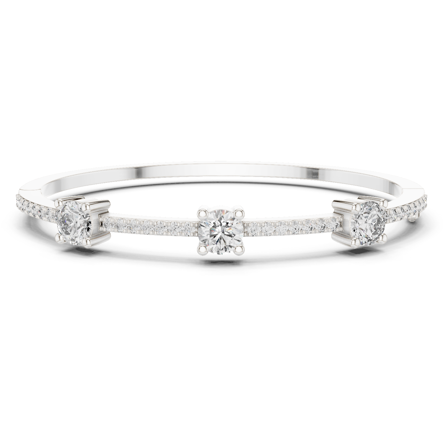 Elegant three stone round diamond bangle bracelet in gold with pavé accent diamonds by Signora Jewels