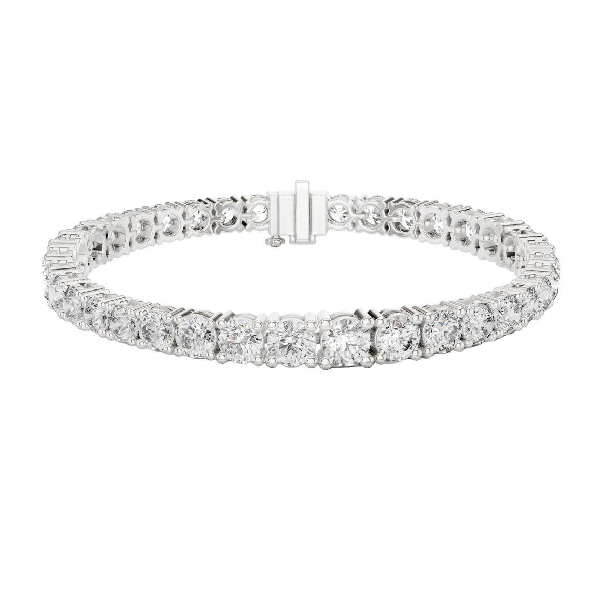 Graduated lab grown diamond tennis bracelet with varying size round diamonds in yellow white and rose gold
