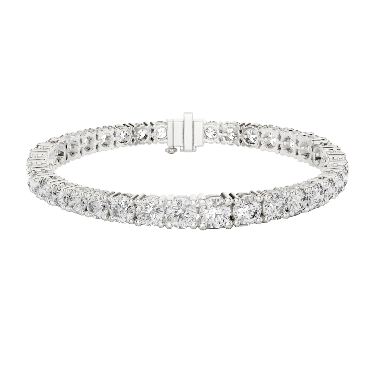 Graduated lab grown diamond tennis bracelet with varying size round diamonds in yellow white and rose gold