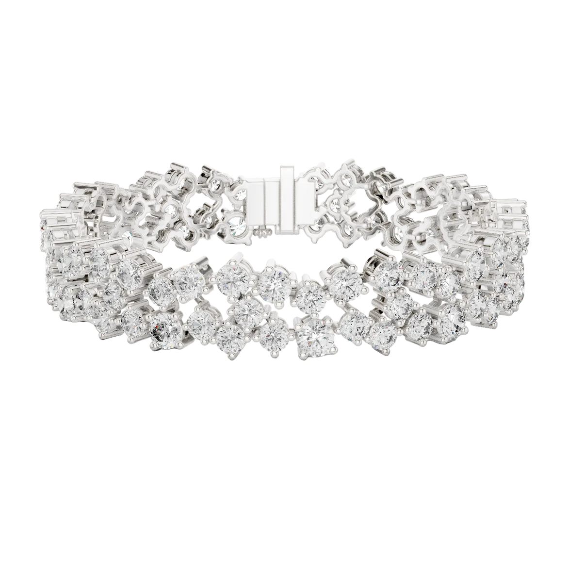 Multi shape lab grown diamond tennis bracelet with clustered round diamond design in yellow white and rose gold