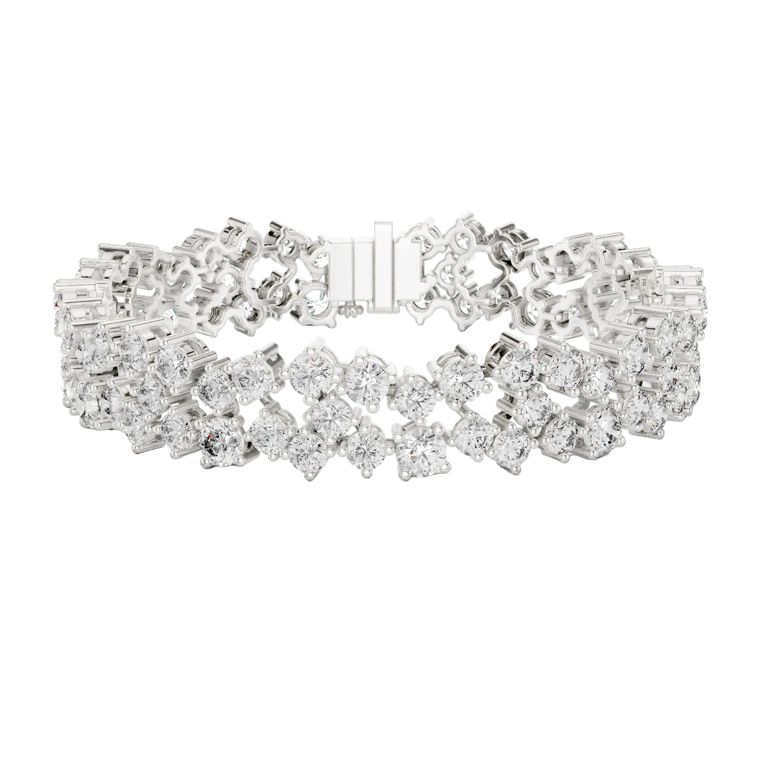 Multi shape lab grown diamond tennis bracelet with clustered round diamond design in yellow white and rose gold