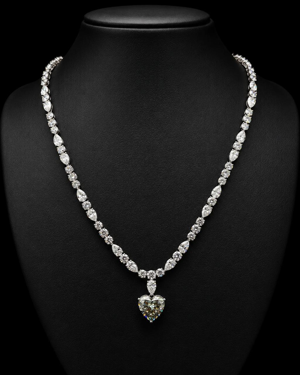 White gold necklace with 6.02ct green heart and white lab grown diamonds on black