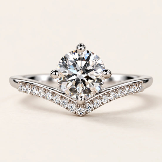 Round Cut Lab Grown Diamond Pavé Cathedral Engagement Ring in White Gold