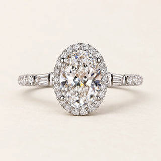 Oval Cut Lab Grown Diamond Halo Side Stone Engagement Ring in White Gold