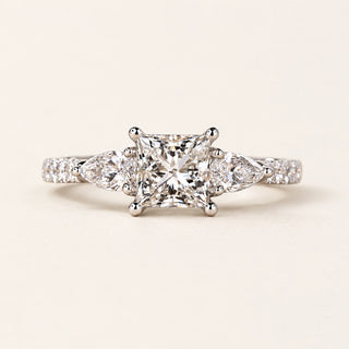 Princess Cut Lab Grown Diamond Cathedral Engagement Ring with Pear Side Diamonds in White Gold