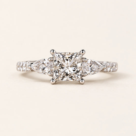 Princess Cut Lab Grown Diamond Cathedral Engagement Ring with Pear Side Diamonds in White Gold
