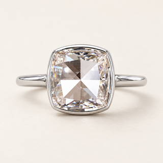 Square cushion rose cut lab grown diamond bezel engagement ring in white gold with rounded corners and narrow polished shoulders
