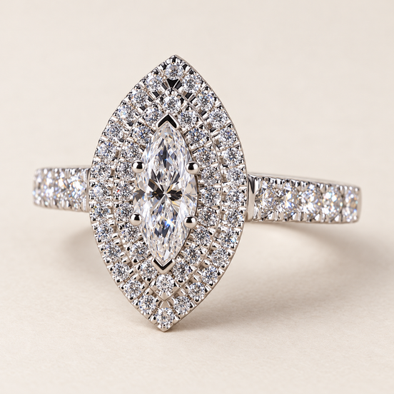 Marquise cut lab grown diamond double halo engagement ring in white gold with protective tip prongs and two pavé diamond halos