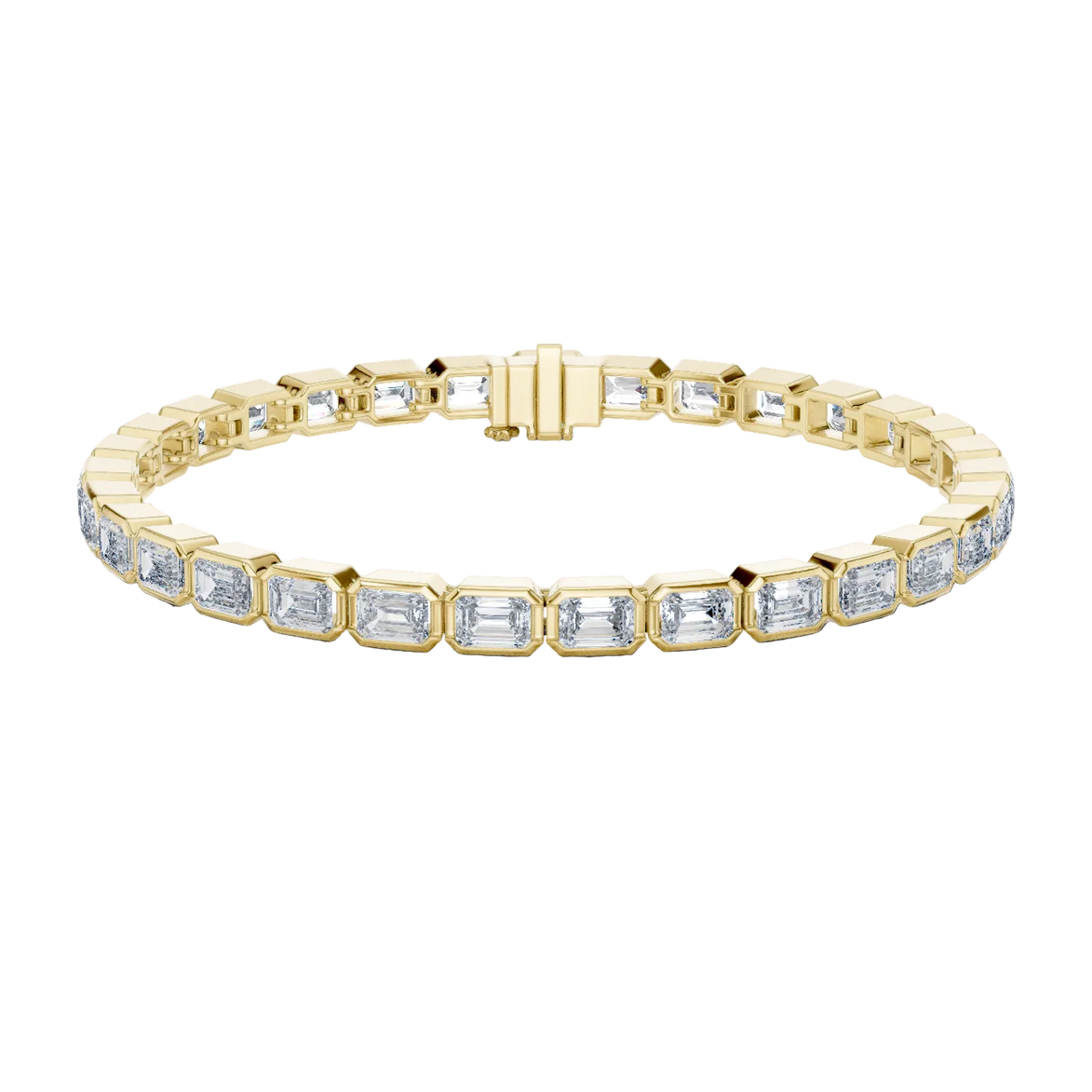 Gold bracelet with emerald-cut diamonds on a white background