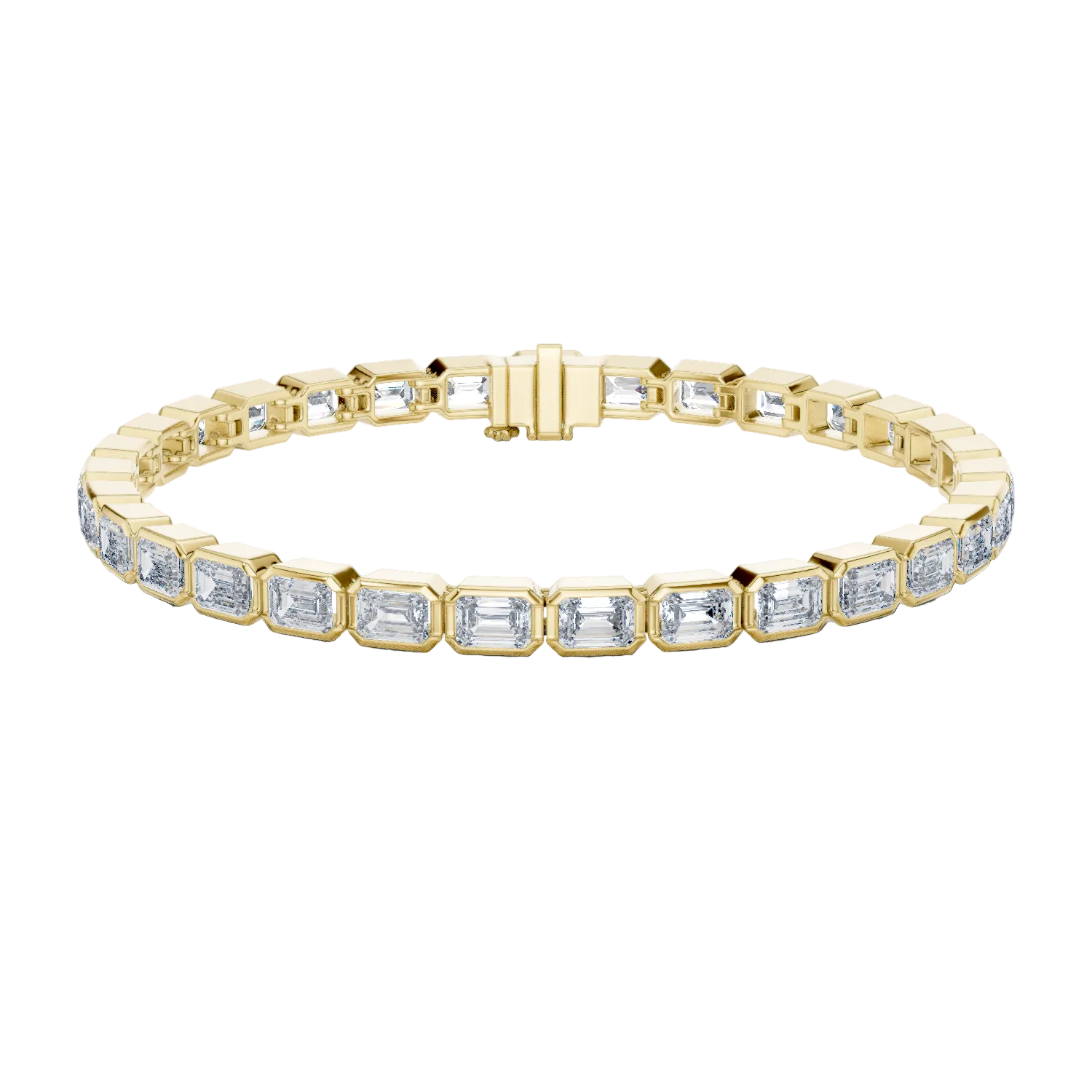 Gold bracelet with emerald-cut diamonds on a white background