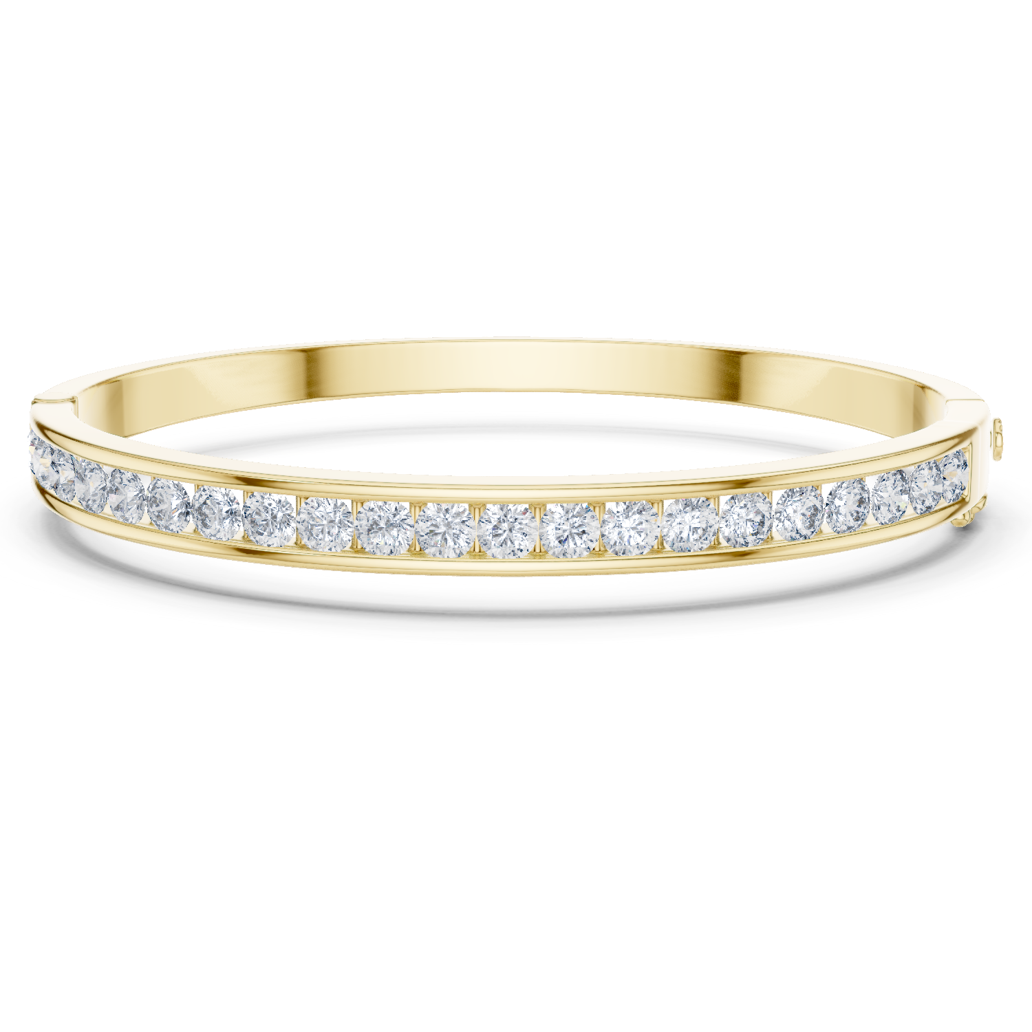 Channel set lab grown diamond bangle bracelet in yellow gold white gold and rose gold with sleek round diamond design