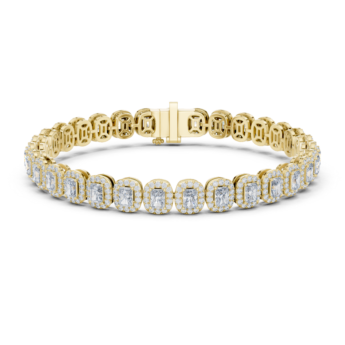 Radiant cut halo lab grown diamond tennis bracelet in yellow gold white gold and rose gold with luxury diamond links