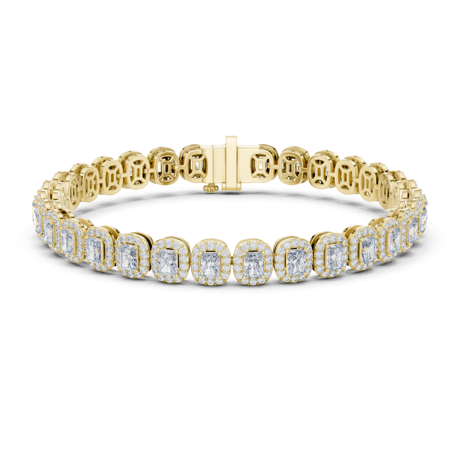 Radiant cut halo lab grown diamond tennis bracelet in yellow gold white gold and rose gold with luxury diamond links