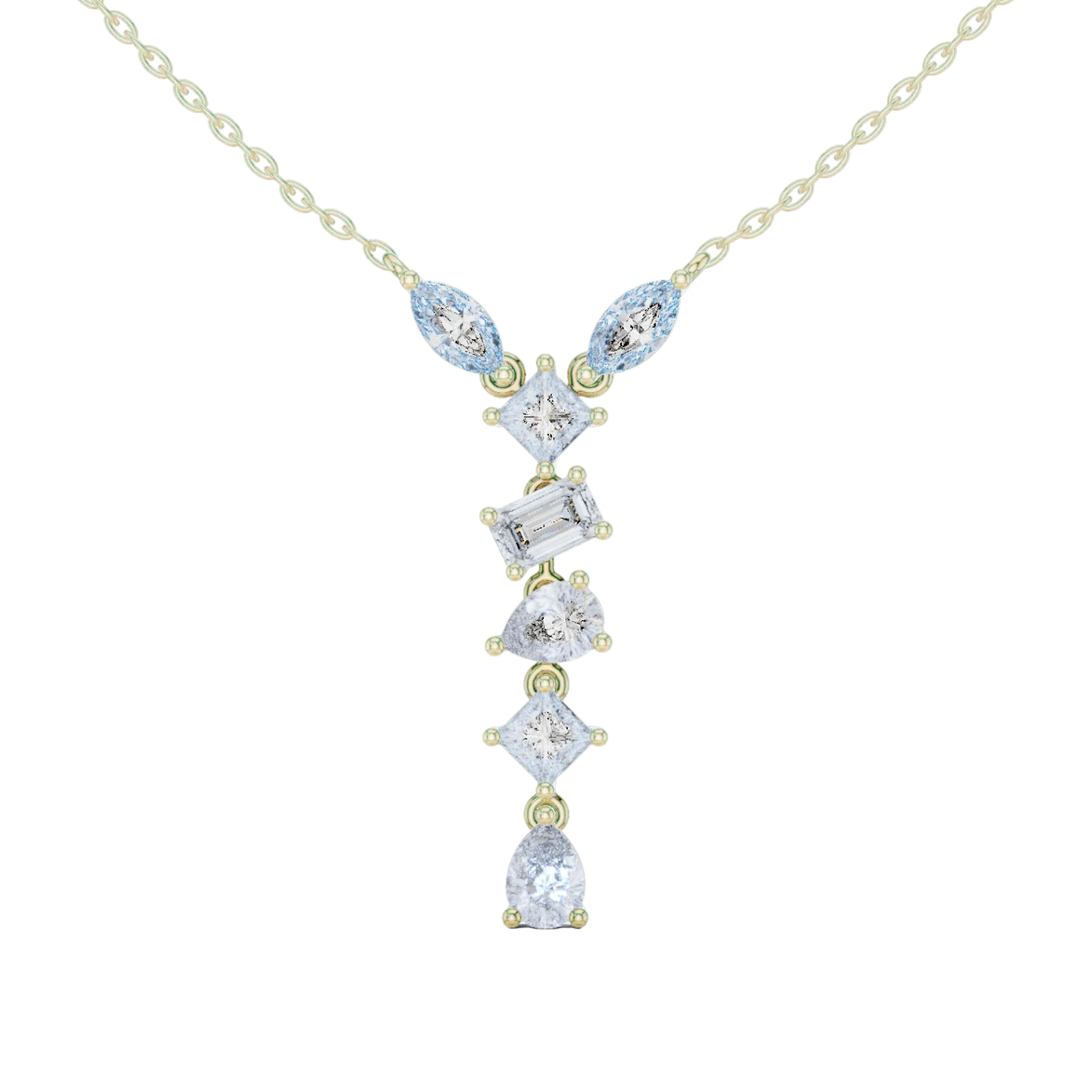 Mixed shape diamond drop pendant in gold with marquise, pear, emerald and princess cut lab grown diamonds by Signora Jewels