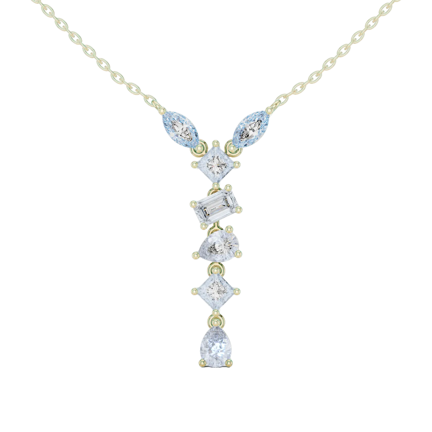 Mixed shape diamond drop pendant in gold with marquise, pear, emerald and princess cut lab grown diamonds by Signora Jewels