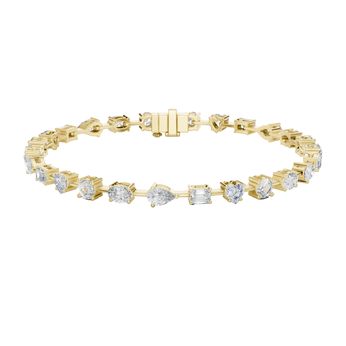 Multi shape lab grown diamond tennis bracelet with round heart oval pear and emerald cut diamonds in gold variations