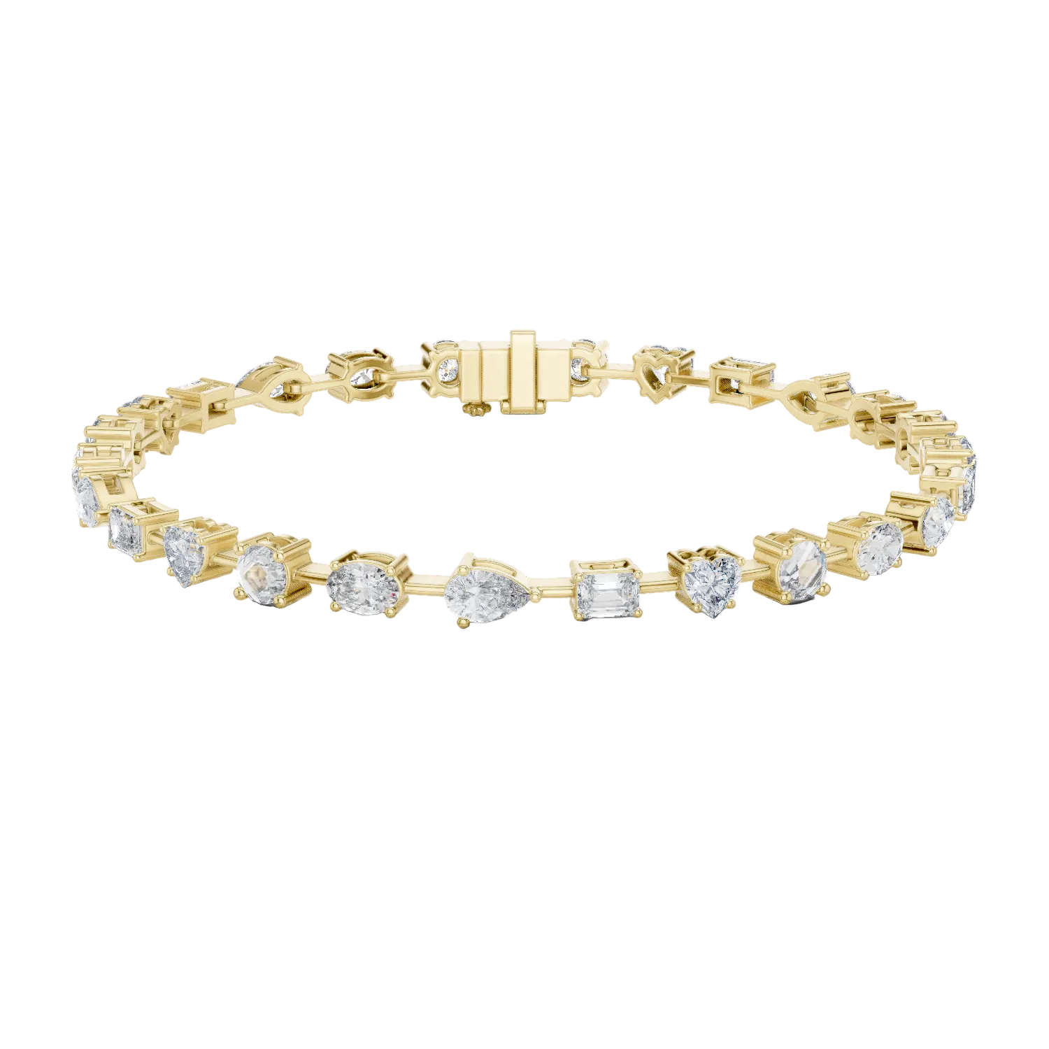 Multi shape lab grown diamond tennis bracelet with round heart oval pear and emerald cut diamonds in gold variations