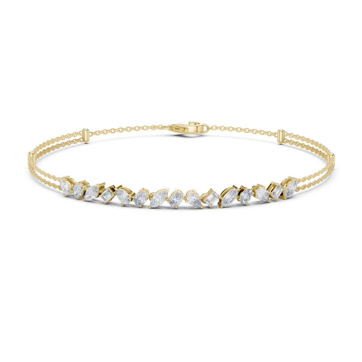 Contemporary multi shape lab grown diamond chain bracelet with pear oval marquise and emerald cut diamonds in yellow white and rose gold