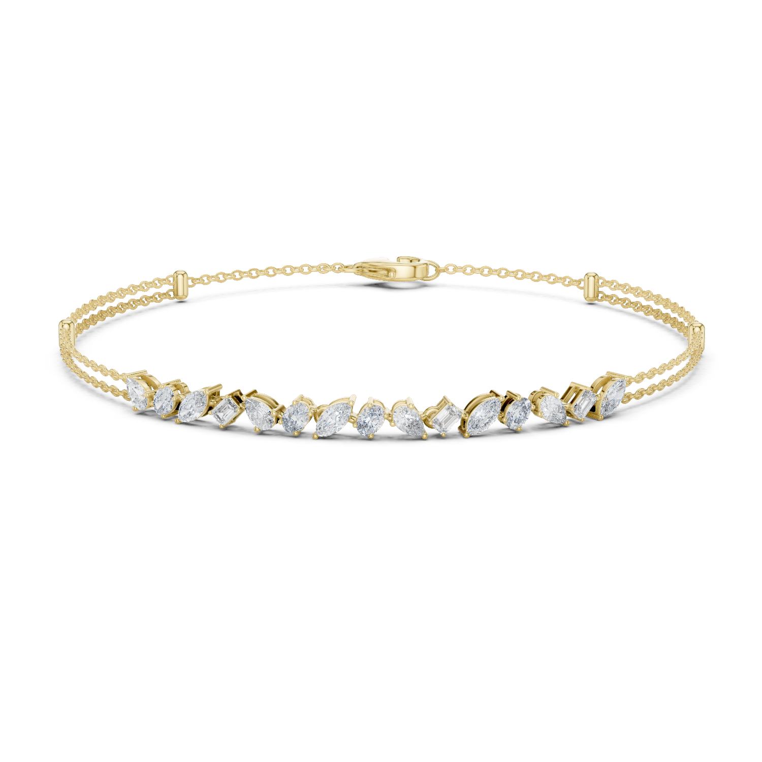 Contemporary multi shape lab grown diamond chain bracelet with pear oval marquise and emerald cut diamonds in yellow white and rose gold