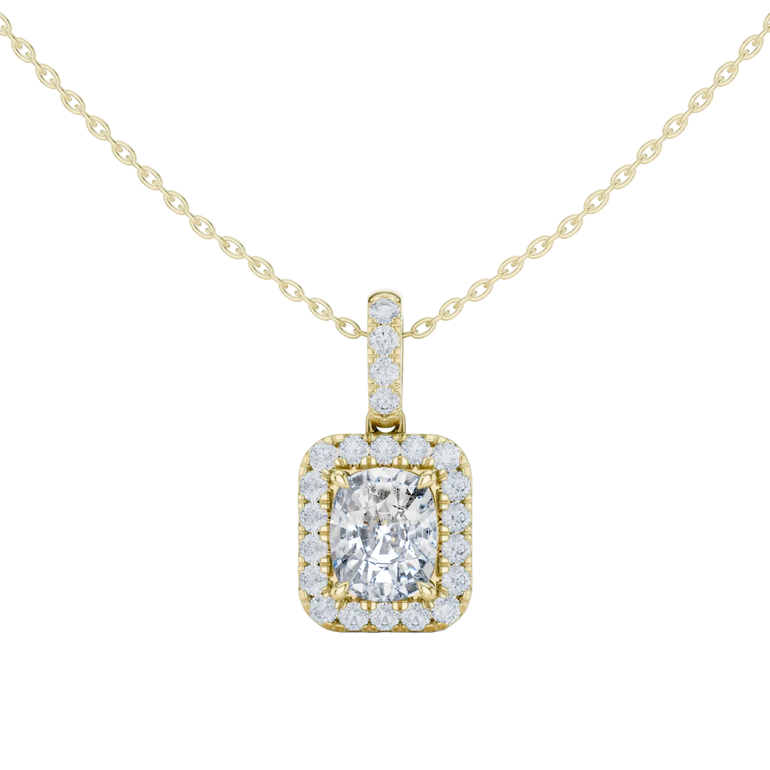 Cushion cut halo diamond pendant in gold with lab grown diamonds by Signora Jewels