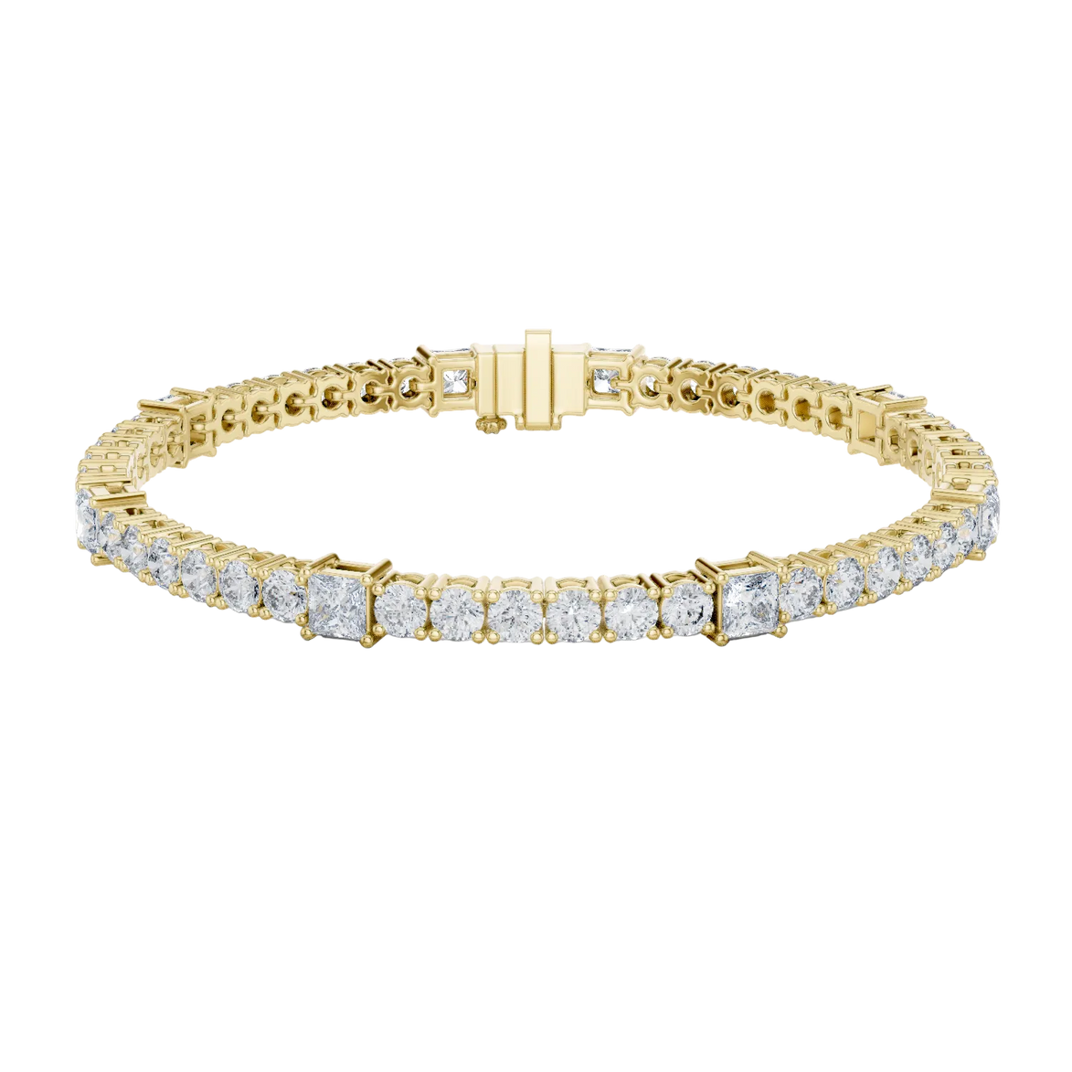 Princess and round lab grown diamond tennis bracelet in yellow white and rose gold with modern mixed shape design