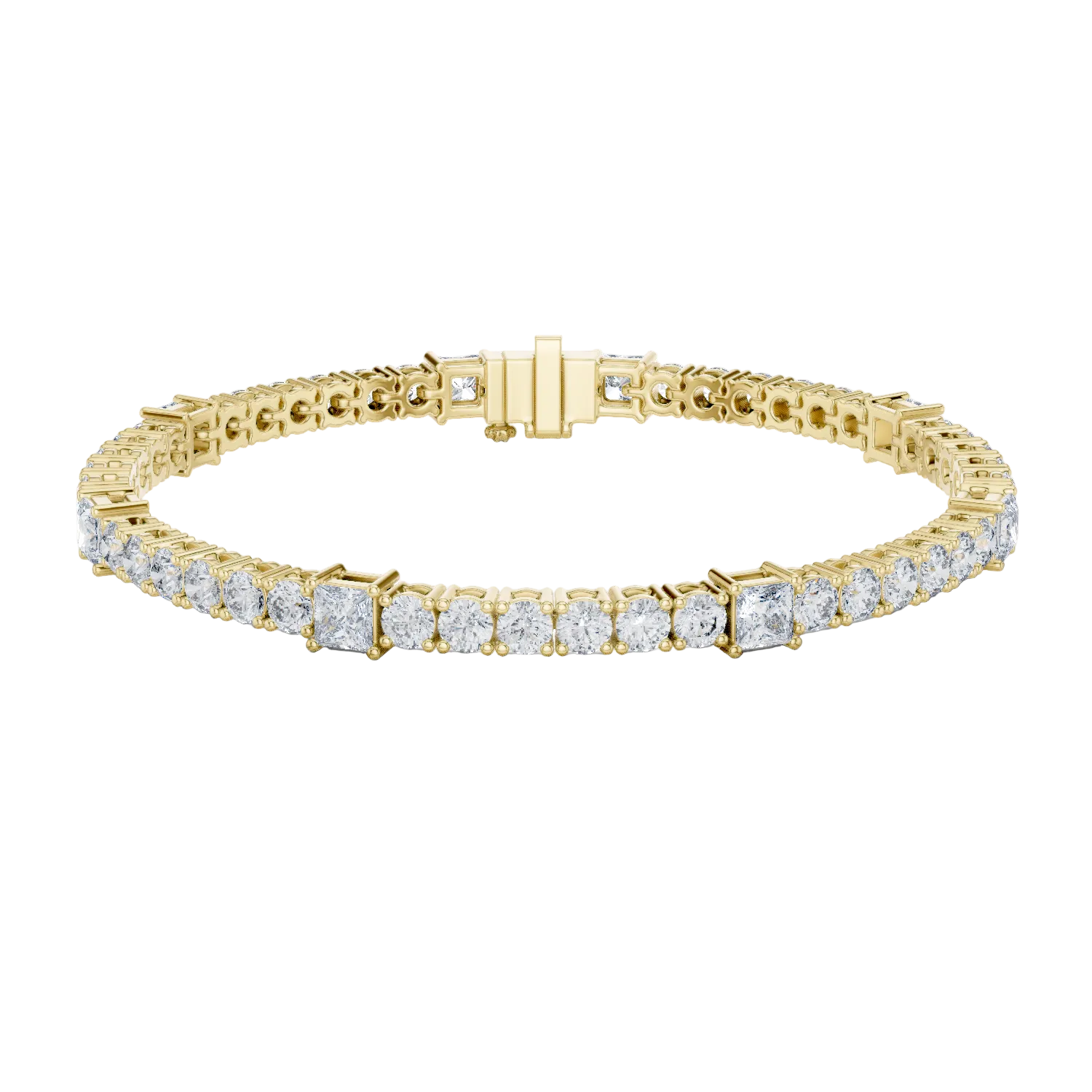 Princess and round lab grown diamond tennis bracelet in yellow white and rose gold with modern mixed shape design