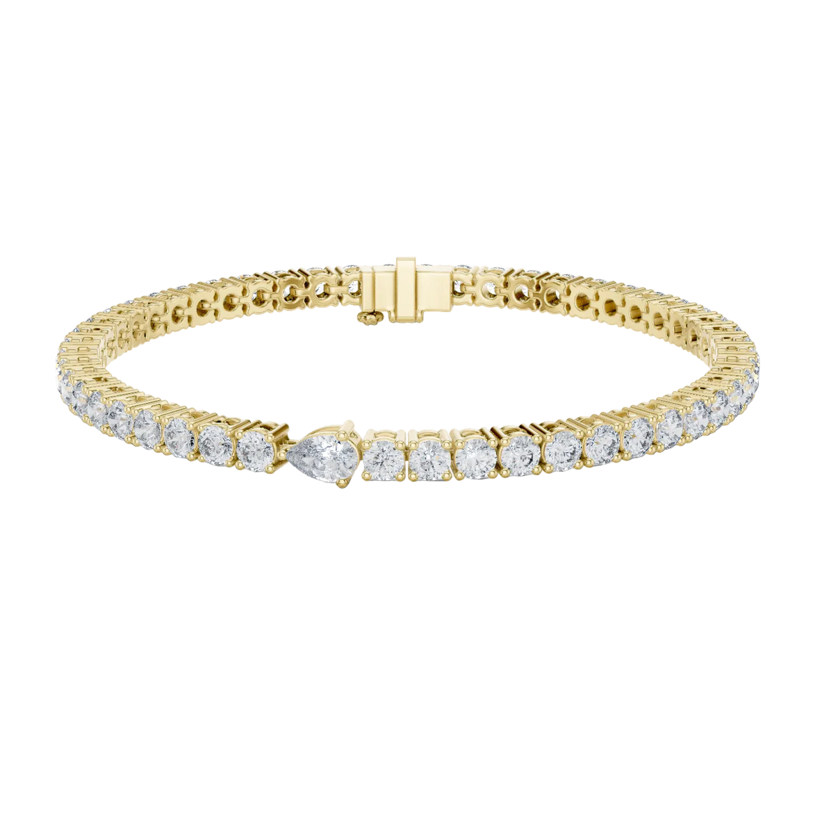Pear accent lab grown diamond tennis bracelet with round diamonds and central pear cut diamond in gold variations