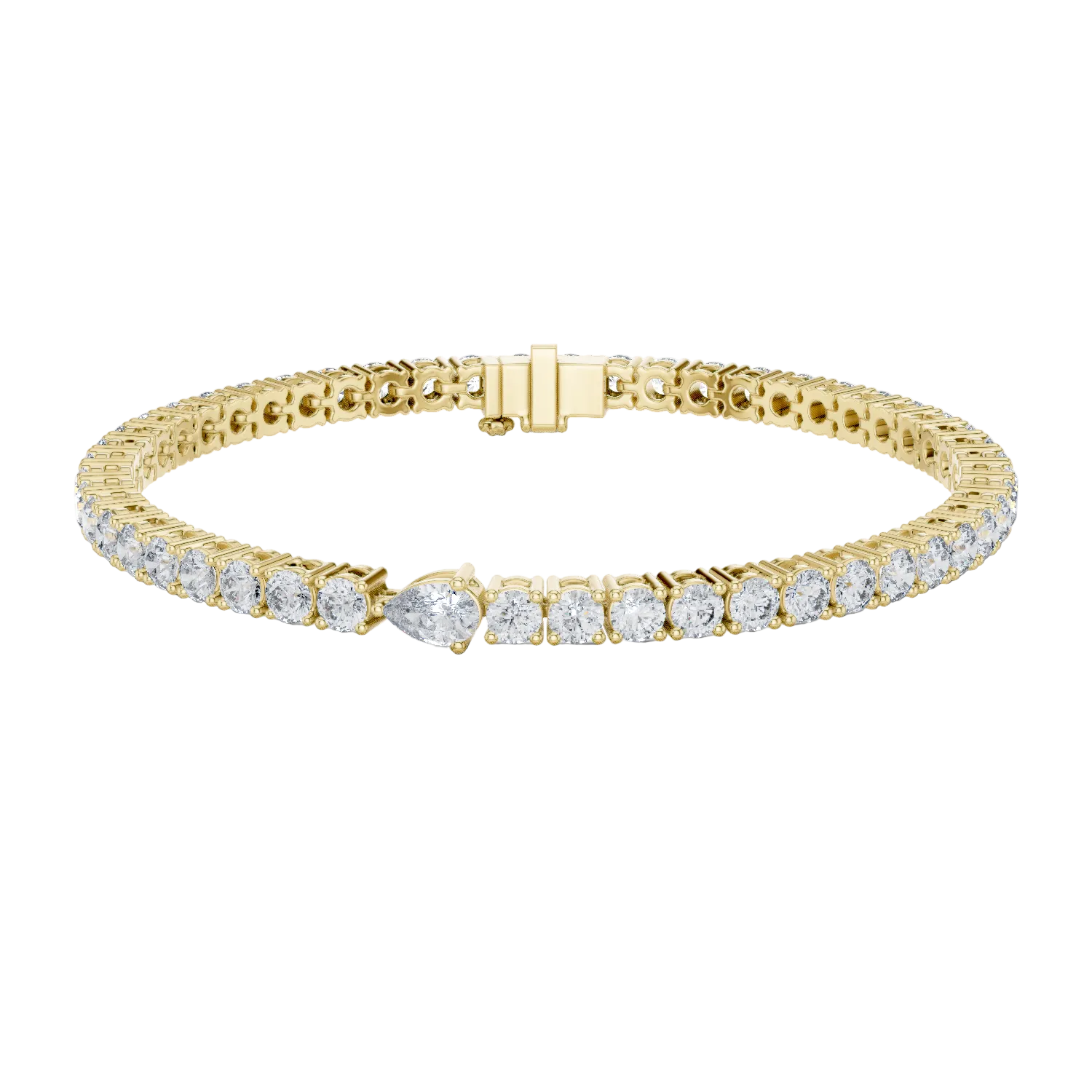 Pear accent lab grown diamond tennis bracelet with round diamonds and central pear cut diamond in gold variations
