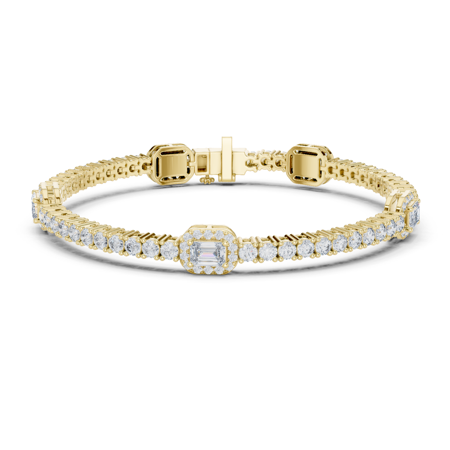 Emerald cut halo lab grown diamond tennis bracelet with round diamond detailing in yellow white and rose gold