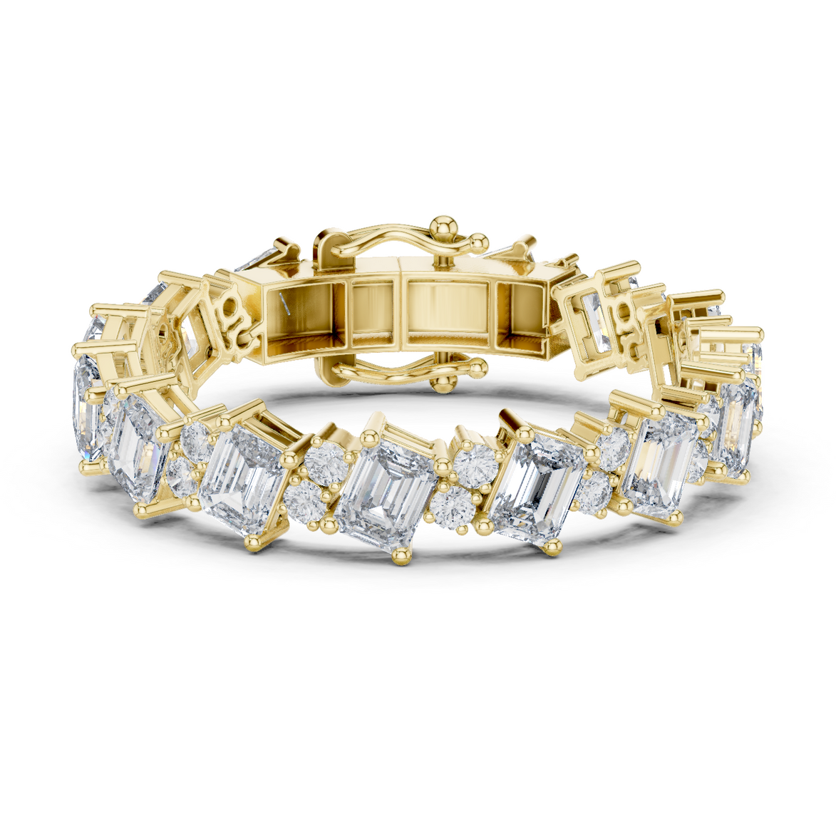 Luxury emerald cut diamond tennis bracelet in gold with round accent diamonds by Signora Jewels