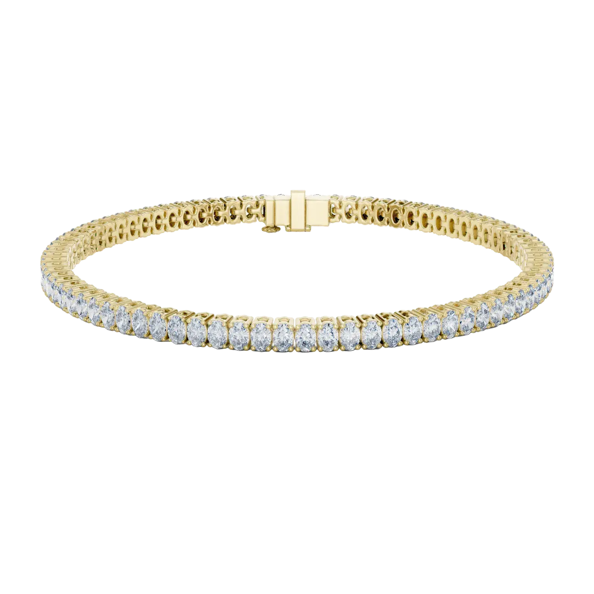 Oval cut lab grown diamond tennis bracelet in yellow gold white gold and rose gold with elegant luxury diamond setting