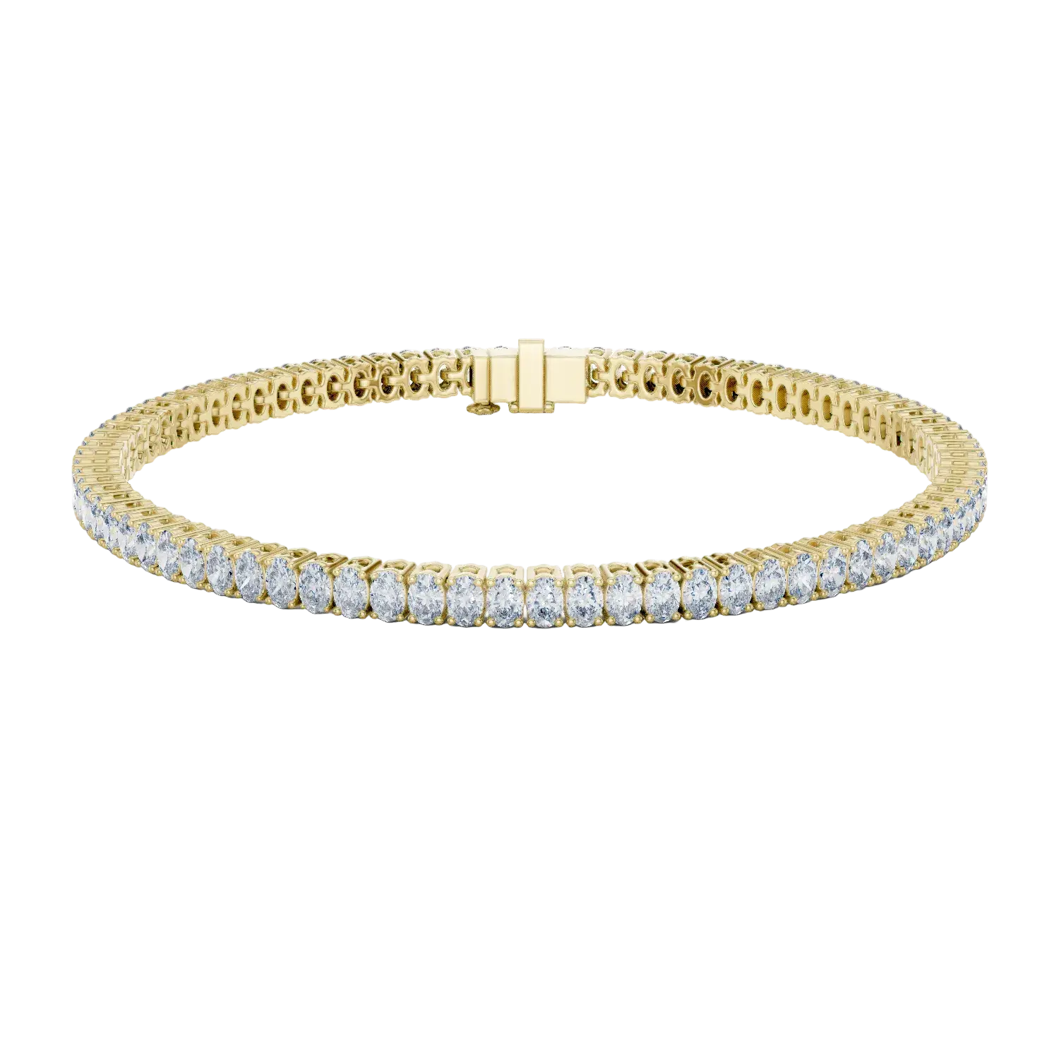 Oval cut lab grown diamond tennis bracelet in yellow gold white gold and rose gold with elegant luxury diamond setting