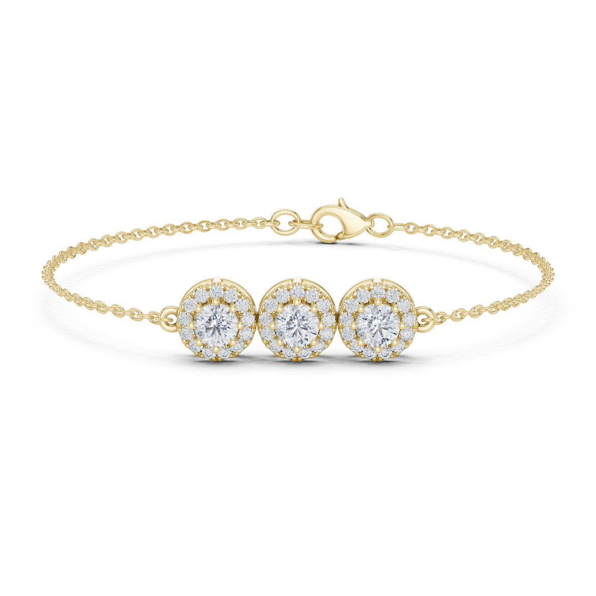 Vintage halo style lab grown diamond bracelet connector with round center diamonds and halo detailing in yellow white and rose gold