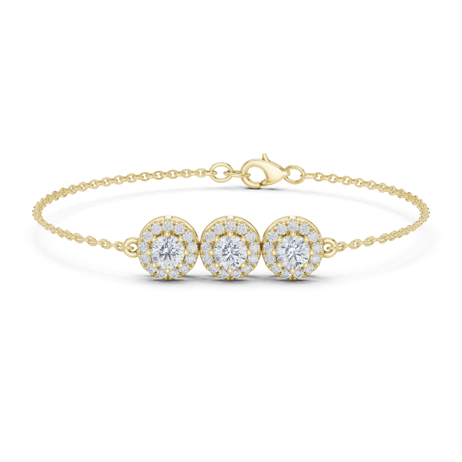 Vintage halo style lab grown diamond bracelet connector with round center diamonds and halo detailing in yellow white and rose gold