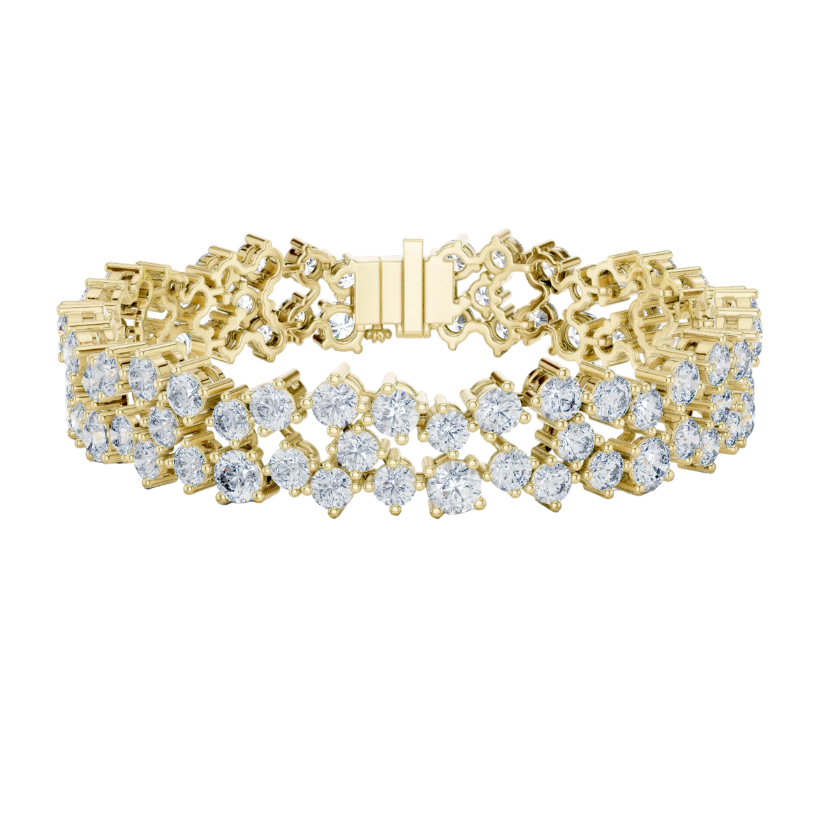 Multi shape lab grown diamond tennis bracelet with clustered round diamond design in yellow white and rose gold