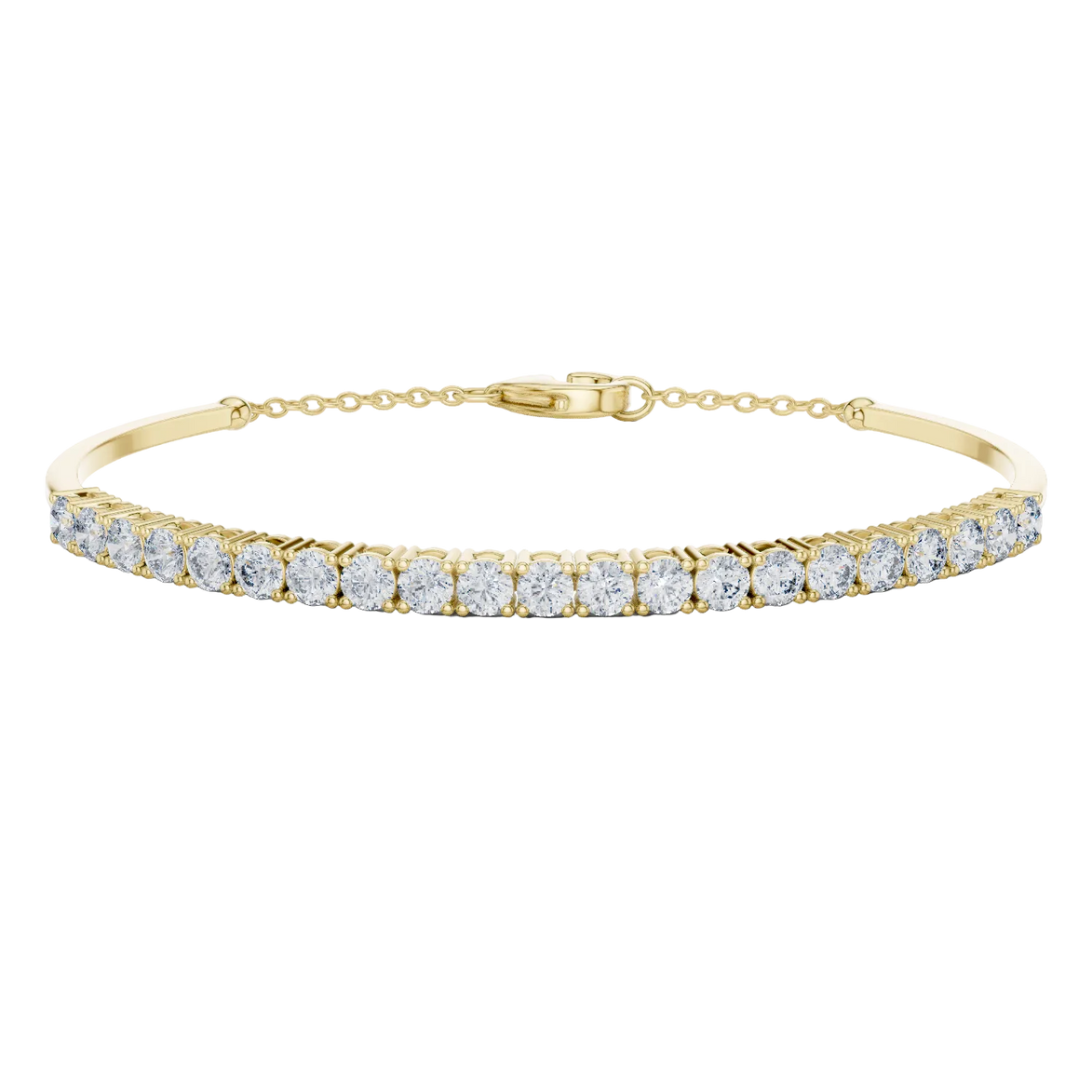 Open cuff lab grown diamond bangle bracelet in yellow gold white gold and rose gold with sleek modern diamond design