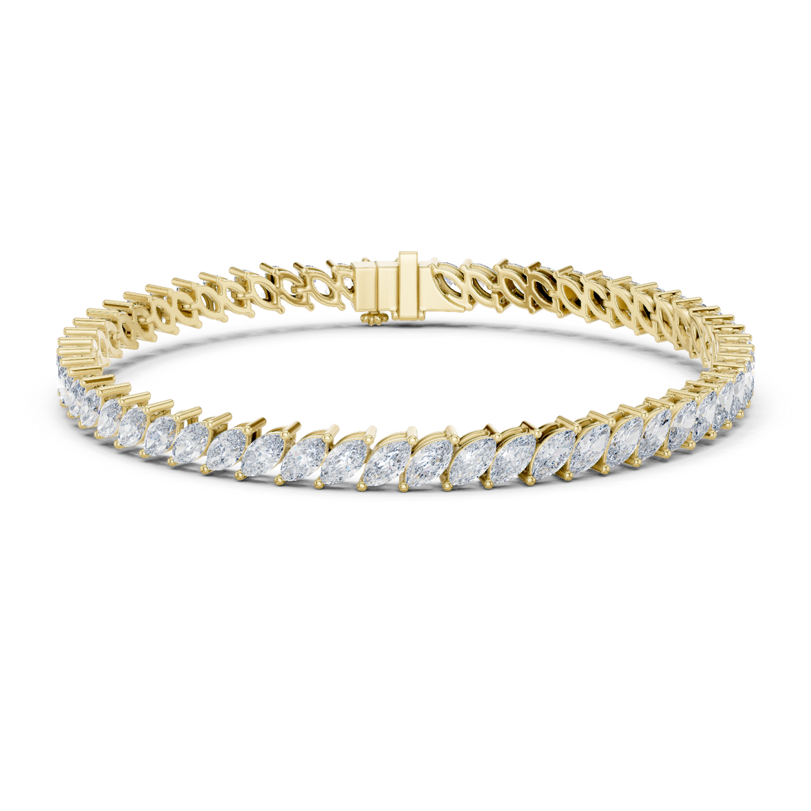 Marquise cut lab grown diamond tennis bracelet in yellow white and rose gold with elegant elongated diamond design