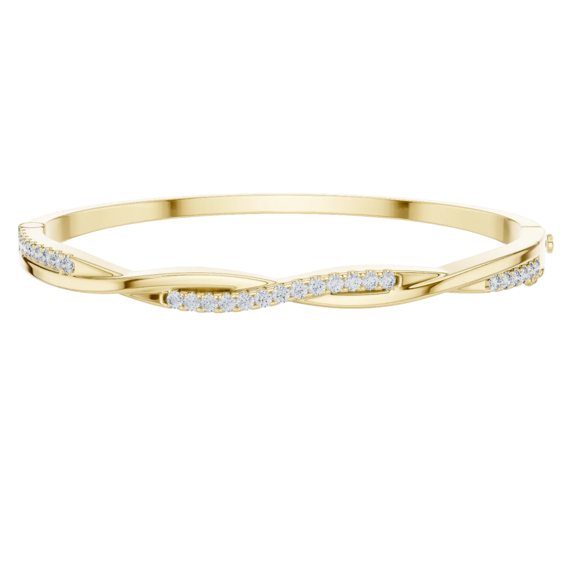Twisted lab grown diamond bangle bracelet in yellow gold white gold and rose gold with modern crossover diamond design